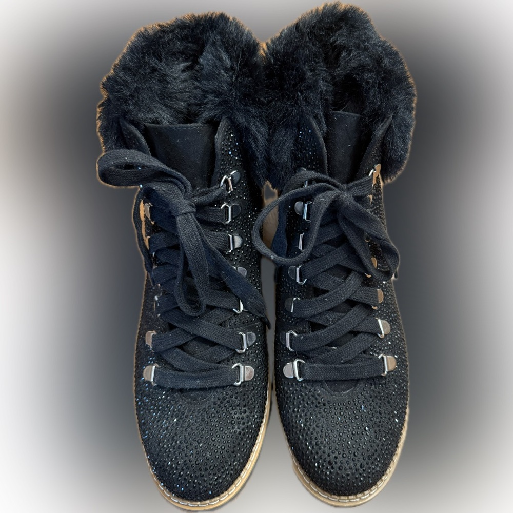 Women's Inc. Black Fur-accent Lace-Up sparkly boots. NWOT. Size 9.